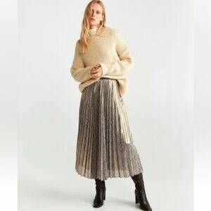 MANGO MNG Pleated Midi Skirt Floral Metallic gold size L new